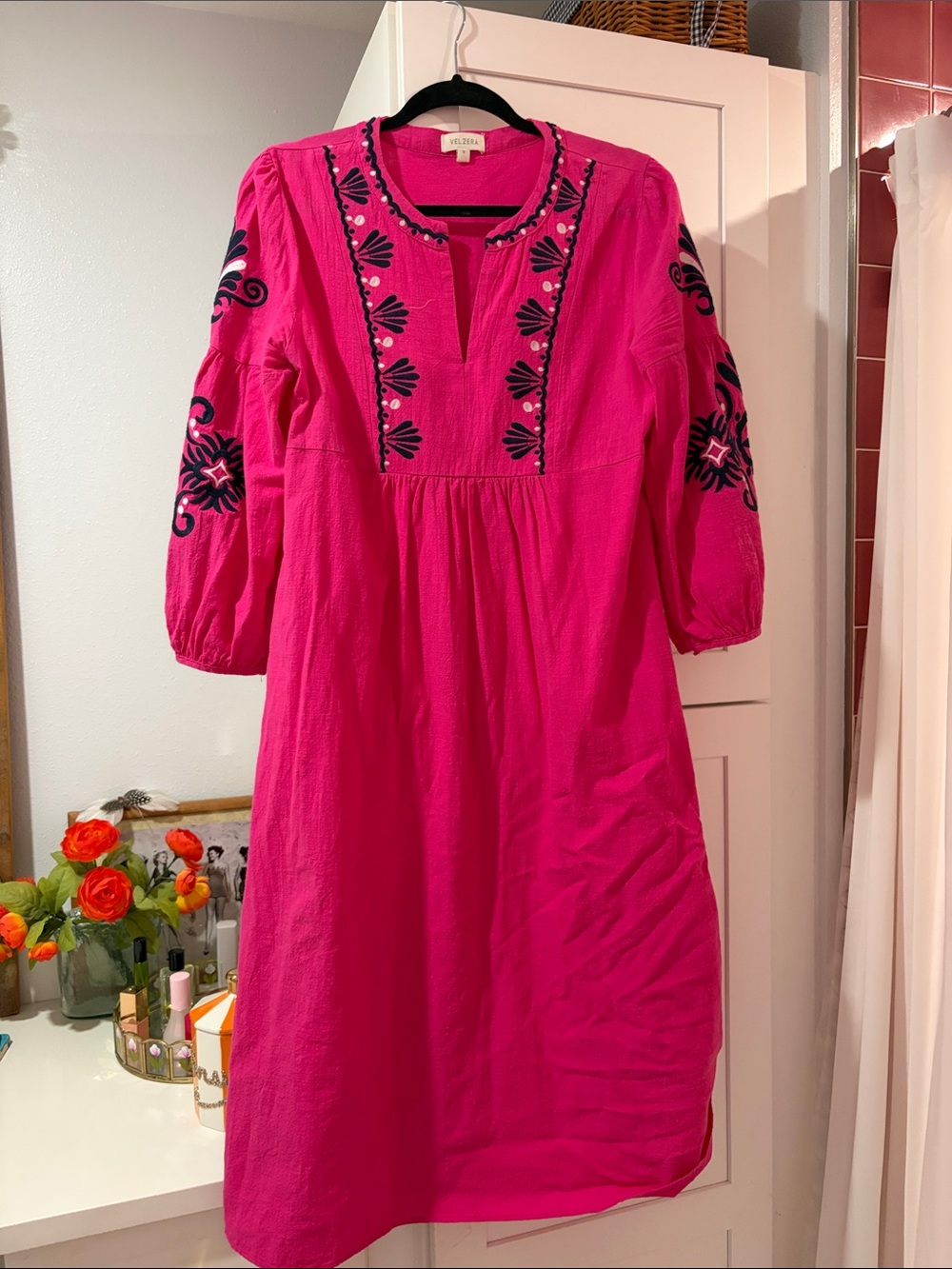 Velzera Hot Pink Embroidered Midi Dress